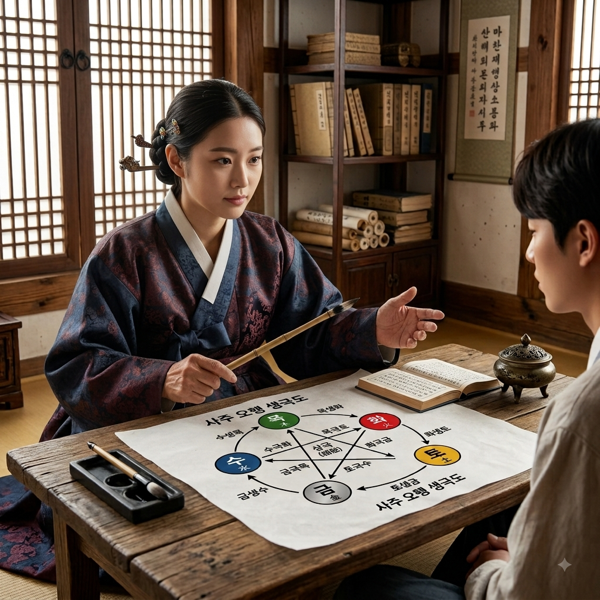 A Saju master explaining the Five Elements cycle (사주 오행 상생상극도) to a client