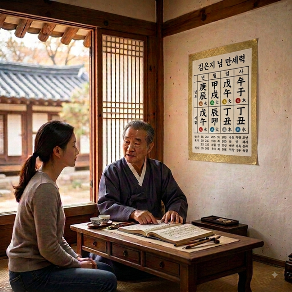 A Saju master interpreting a manselyeok (만세력) chart